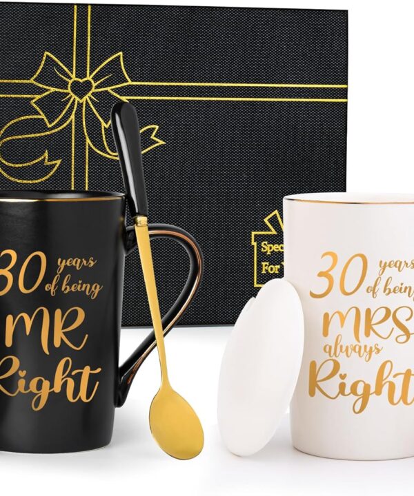 30th Wedding Gifts, 30th Anniversary Engagement Gift Ideas, 30 Years of Being Mr & Mrs Always Right Mug Set, Wedding Gifts Ideas for Couple Parents, 14 Oz with Lids and Gift Box