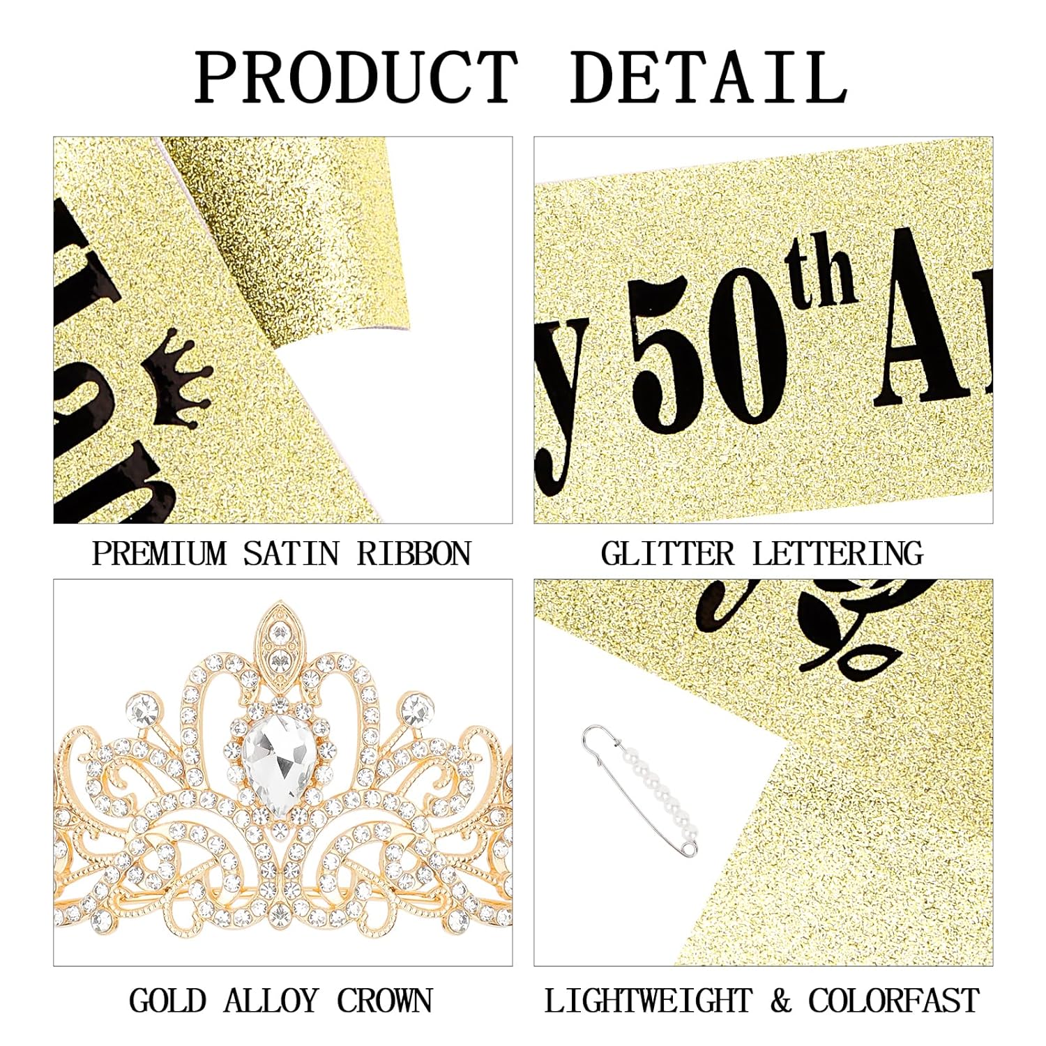 YARIEW 50th Anniversary Decorations, Gold Crown and Happy 50th Anniversary Sash Set, Tiara Crown Sash for 50th Wedding Anniversary Decorations for Party Gifts for Women