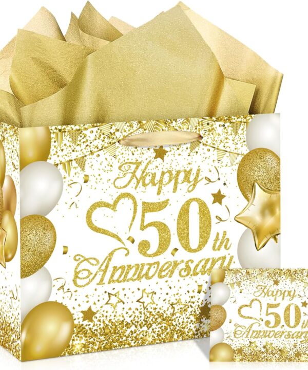 50th Anniversary Paper Gift Bag - White Gold Wedding Gift Wrapping Bag with Tissue Papers & Card - Perfect for Golden Wedding Anniversary or Christmas Decor