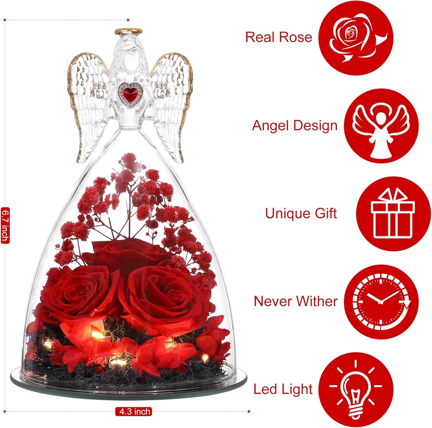 Mothers Day Rose Gifts for Women, Large Angel Figurines with Real Roses, Preserved Real Flower Rose for Her – Red
