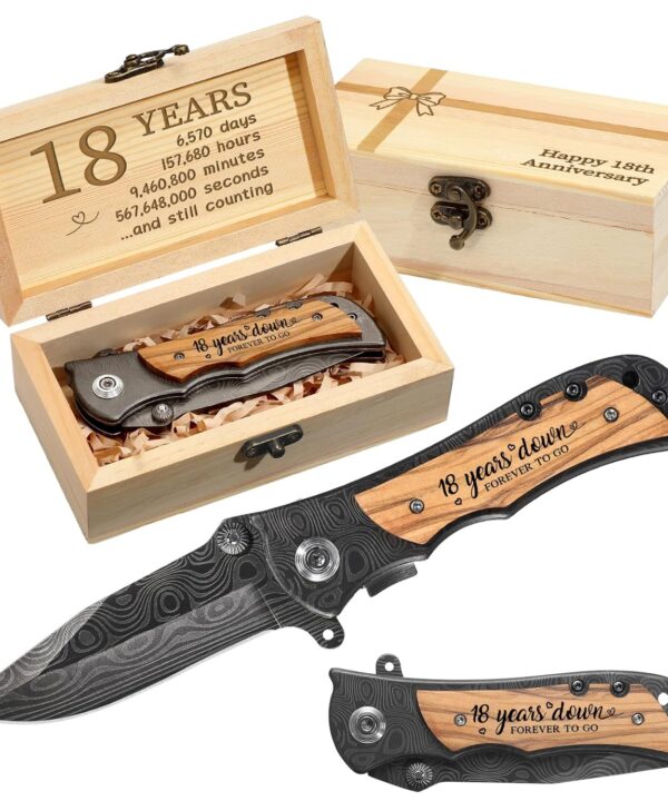 18 Years Anniversary Keepsake Gifts for Him Engraved Pocket Knife with a Gift Box Happy Tin Anniversary Customized Wedding Birthday Father's Day Gifts for Men Husband