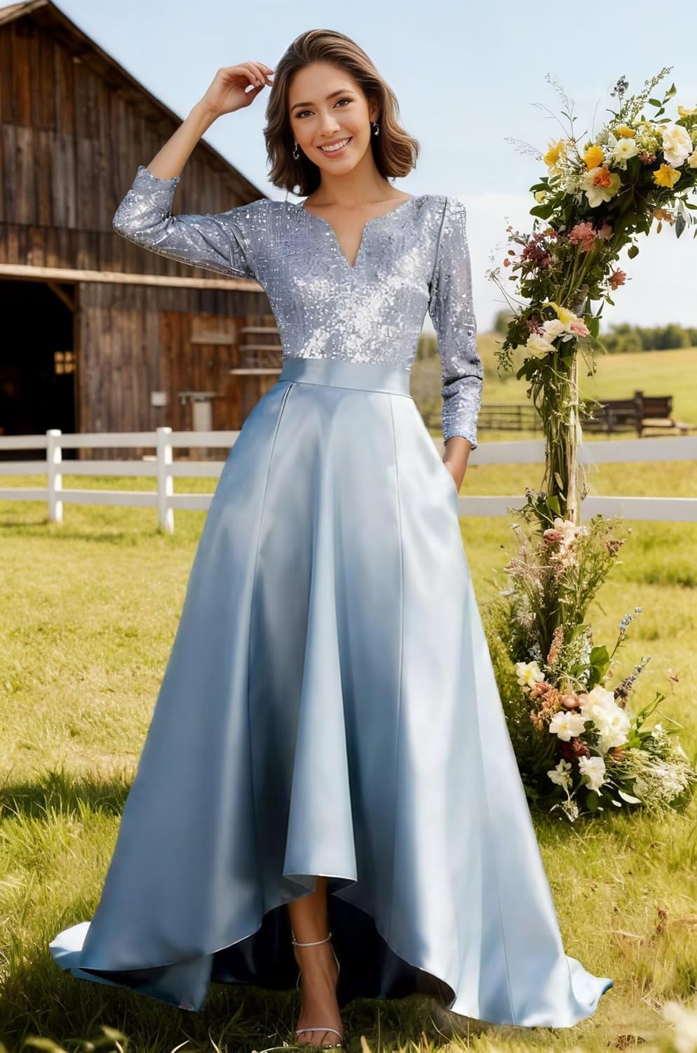 Long Sleeves Mother of The Bride Dresses for Women Sequin Satin V-Neck Hi-Lo Formal Wedding Guest Gown with Pockets