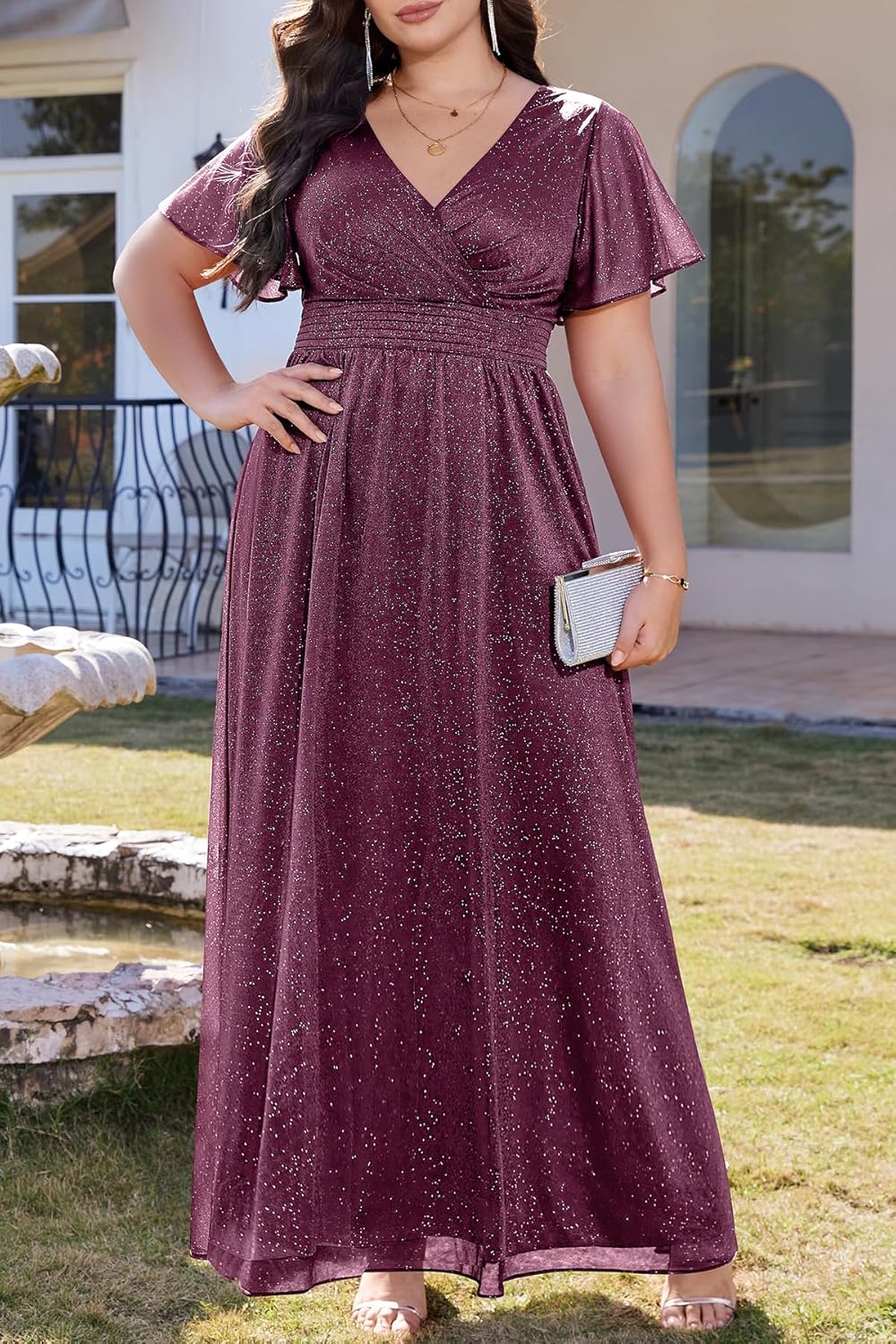 Plus Size Formal Dresses – V Neck Flutter Sleeve Glitter Prom Evening Gowns Wedding Guest Chiffon Long Maxi Dress