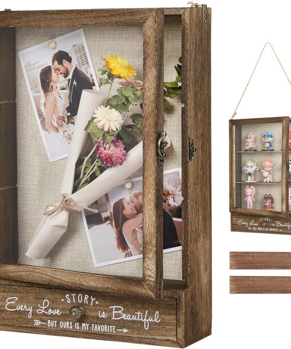 AW BRIDAL 11X16 Large Shadow Box Picture Frames Deep Shadow Boxes Display Cases with Removable Shelves and Drawers, Brown Wooden Memory Boxes for Keepsakes with Slot Christmas Decorations Gifts