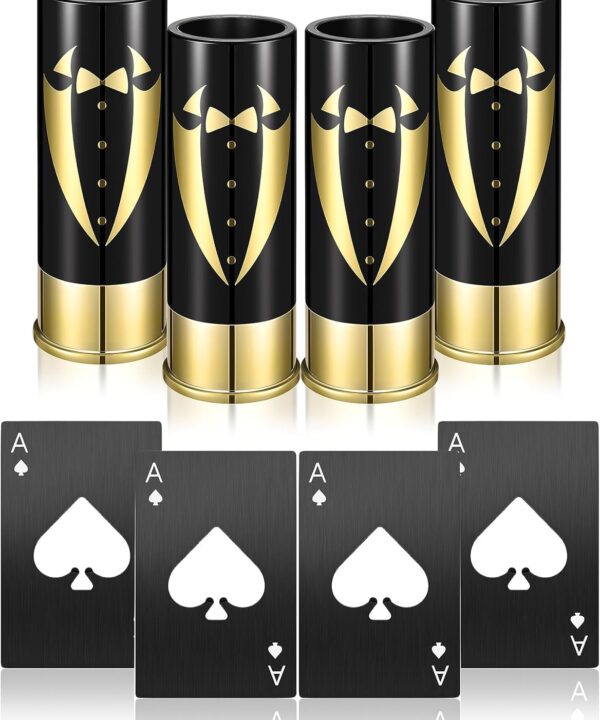 Yoption 8 Pcs Groomsmen Gifts Set, 4pcs Gauge Shot Glasses with 4pcs Credit Card Size Bottle Openers for Wedding Party Proposal Groomsmen Bridesmaid Favors