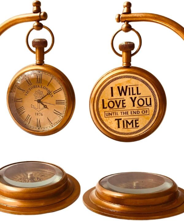 ALADEAN Brass Table Clock with Compass | Romantic Desk Clock - Decorative Vintage Mechanical Clock Lovers Boyfriend/Husband Birthday/Wedding Gifts (Love You)