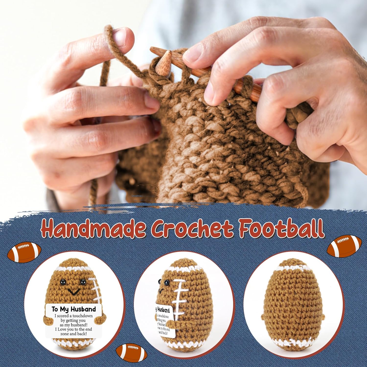 Valentines Day Gifts for Husband from Wife, To My Husband Handmade Crochet Football Birthday Gift for Him, Wedding Anniversary Present for Men, Romantic Valentines Decor for Couple, Hubby, Spouse