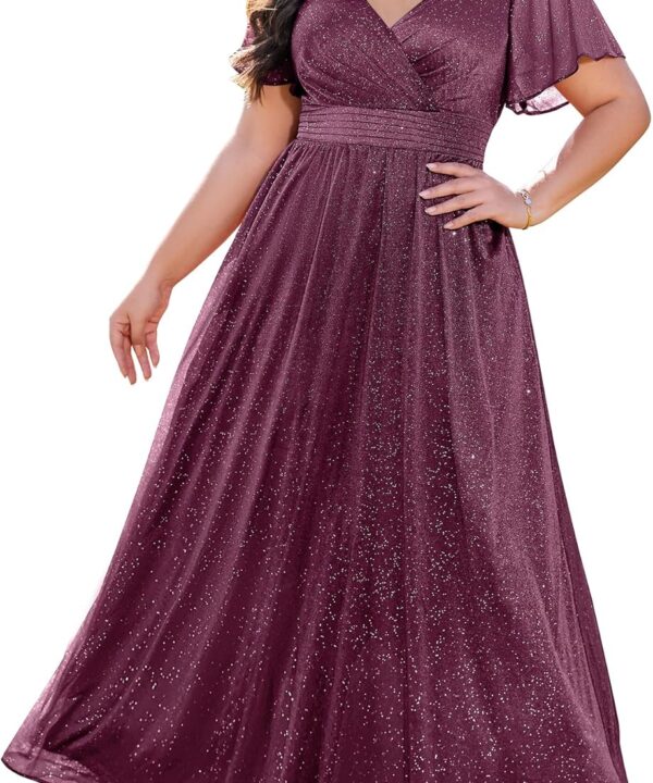 Plus Size Formal Dresses - V Neck Flutter Sleeve Glitter Prom Evening Gowns Wedding Guest Chiffon Long Maxi Dress