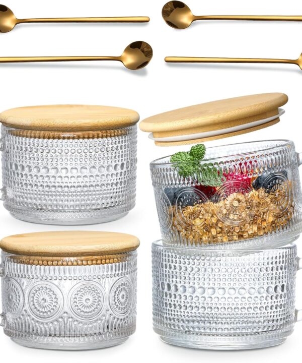 4pcs Set Vintage Coffee Mugs gifts for women, Overnight Oats Containers with Bamboo Lids and Spoons - 14oz Clear Embossed Glass Cups, Cute Coffee Bar Accessories, Iced Coffee Glasses