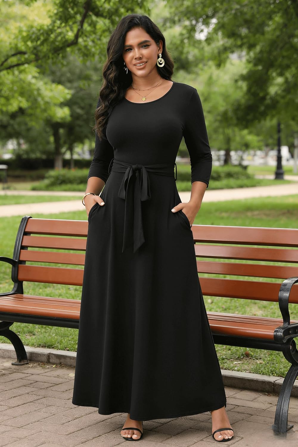 FANDEE Maxi Dress for Women 2026, Long Casual Empire Waist Dresses 3/4 Sleeve Round Neck with Belt