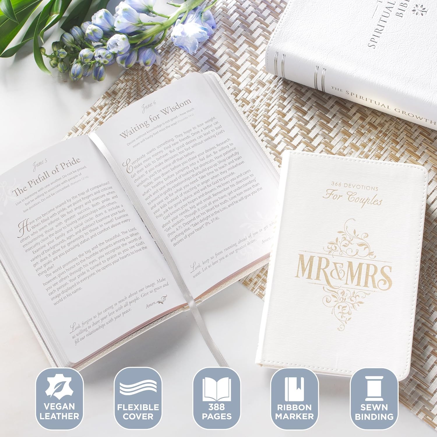 Mr. and Mrs. 366 Devotions for Couples – White Faux Leather Devotional Gift Book for Bride and Groom, Engaged
