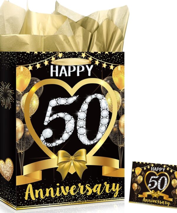CASLON Black Gold Happy 50th Anniversary Paper Gift Bag with Tissue Papers and Card, 50th Golden Wedding Anniversary Party Gift Wrapping Paper Bag Party Supplies
