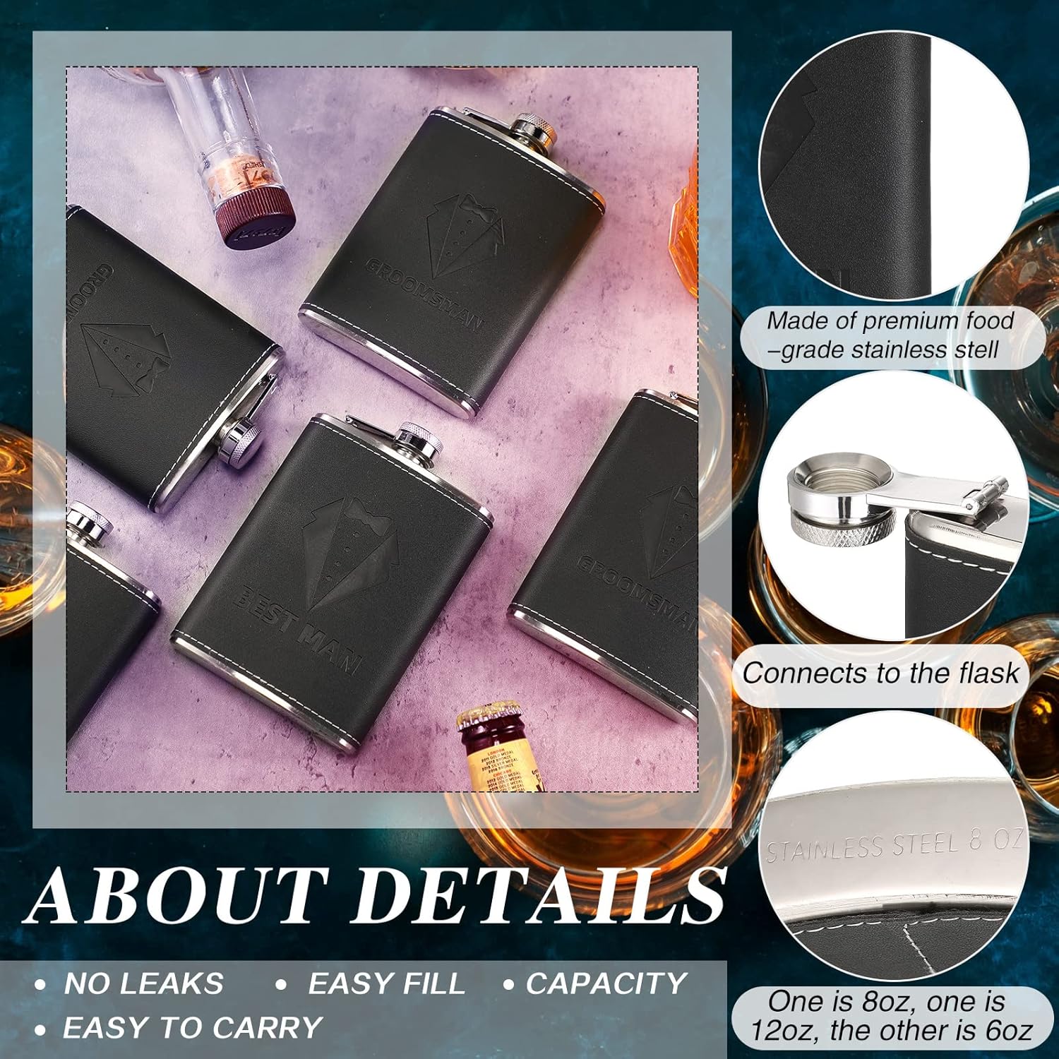 Rtteri Groomsman Gifts Set of 6 Flask for Men 8 oz Groomsman Proposal Gifts Stainless Steel Tuxedo Hip Flask Bachelor Party Favors for Wedding Proposal