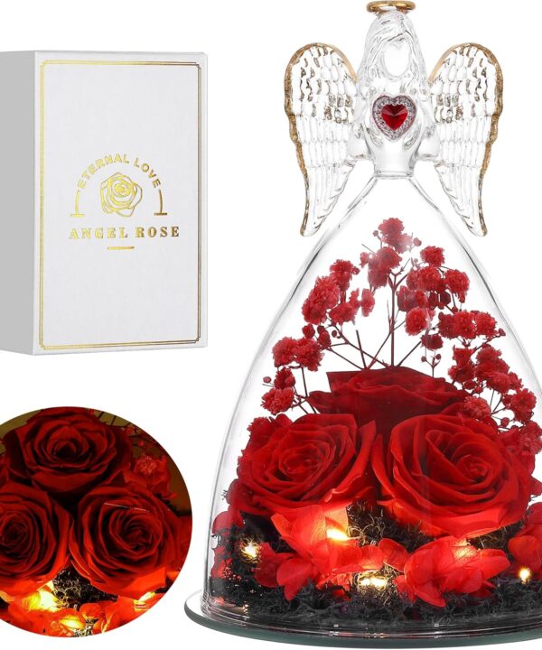 Mothers Day Rose Gifts for Women, Large Angel Figurines with Real Roses, Preserved Real Flower Rose for Her - Red