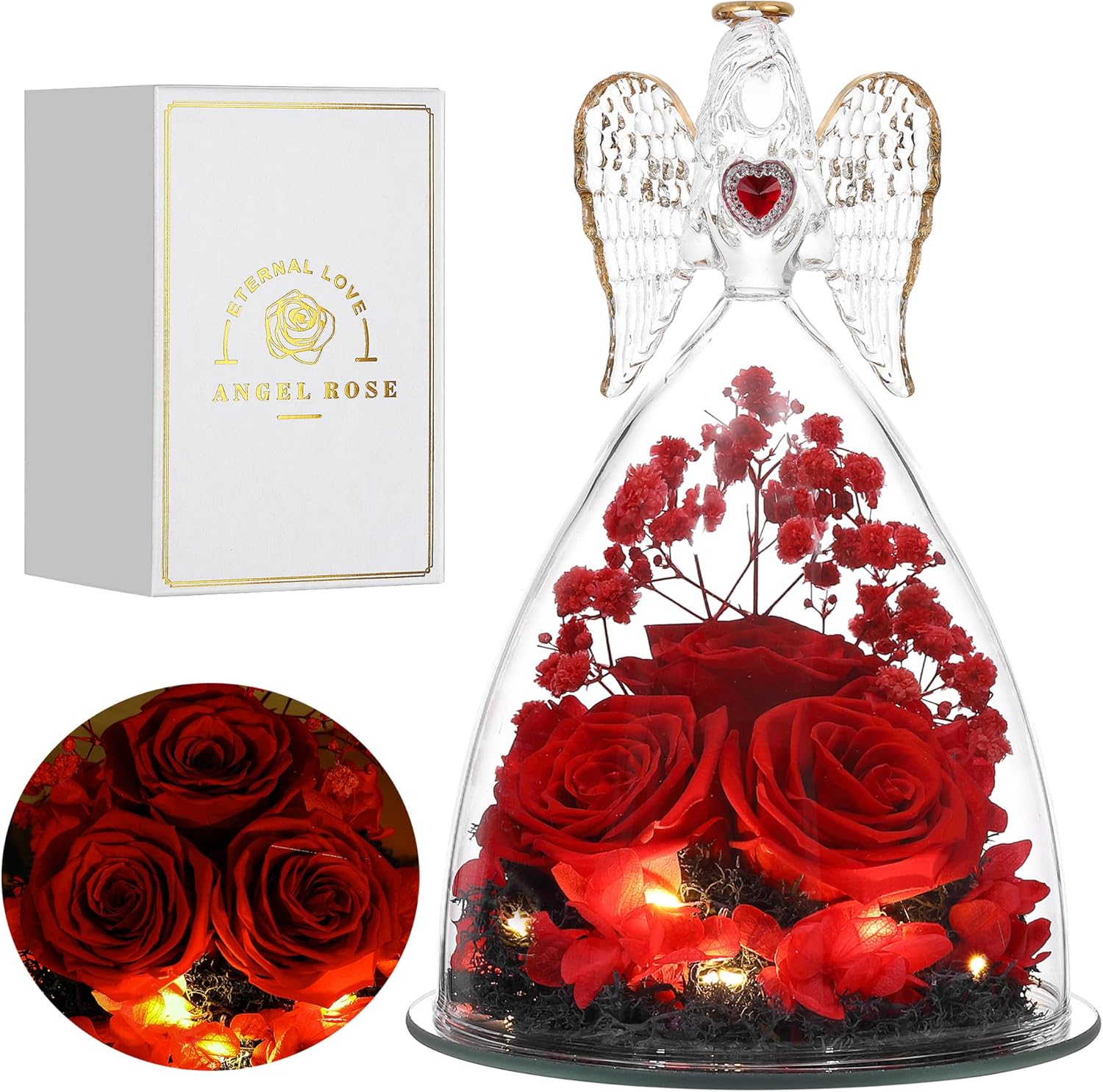 Mothers Day Rose Gifts for Women, Large Angel Figurines with Real Roses, Preserved Real Flower Rose for Her - Red