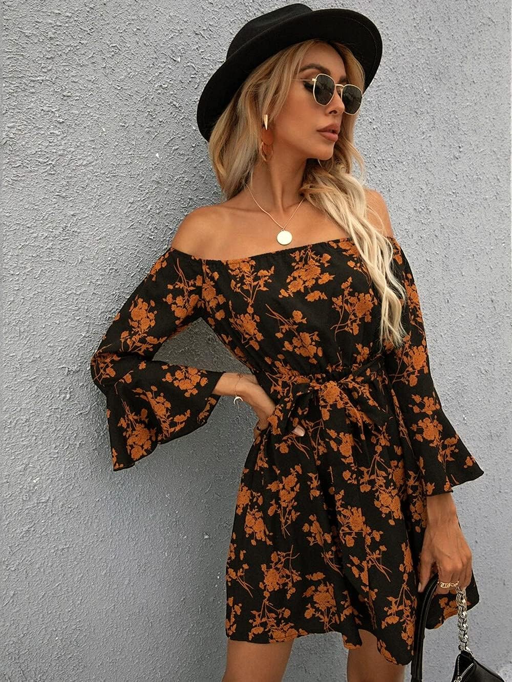 Womens Off Shoulder Ruffle Floral Summer Wedding Guest Dresses A Line Shift Short Skater Dress with Belt