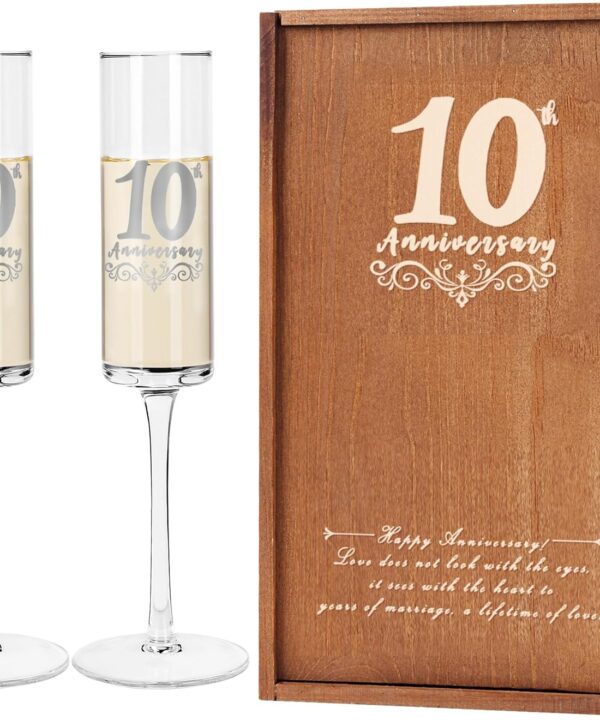 10th Wedding Anniversary for Couples, 10th Anniversary Champange Glasses for Couple Friend, 10th Wedding Champange Flute Gift for Him/Her, 10 Years of Anniversary Present