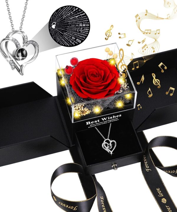 Valentines Day Rose Gifts for Her, Preserved Real Rose with I Love You Heart 100-Language Necklace, LED Lights & Music Box, Anniversary Birthday Valentines Gifts for Women Girlfriend Mom