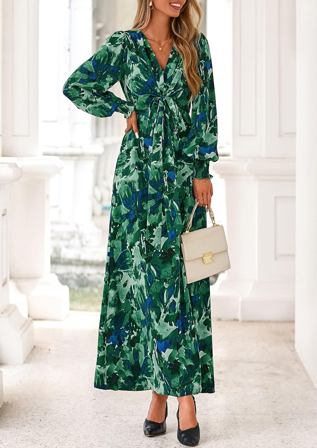 PRETTYGARDEN Womens 2026 Spring Wedding Guest Dresses Floral Long Sleeve V Neck Belted Long Flowy Boho Maxi Dress