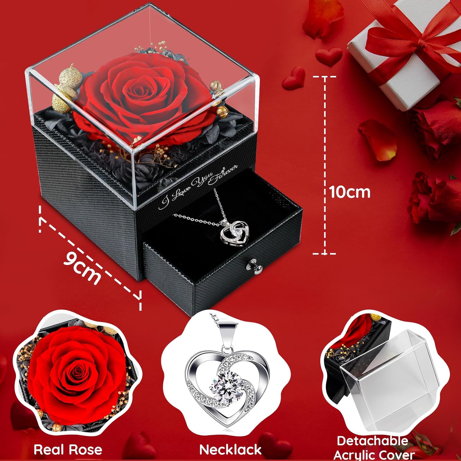 Gifts for Women Birthday, Preserved Real Red Rose with Necklace Gifts for Mom, Eternal Roses Forever Flowers Gifts for Girlfriend Mom Grandma Wife Mothers Day Birthday Anniversary