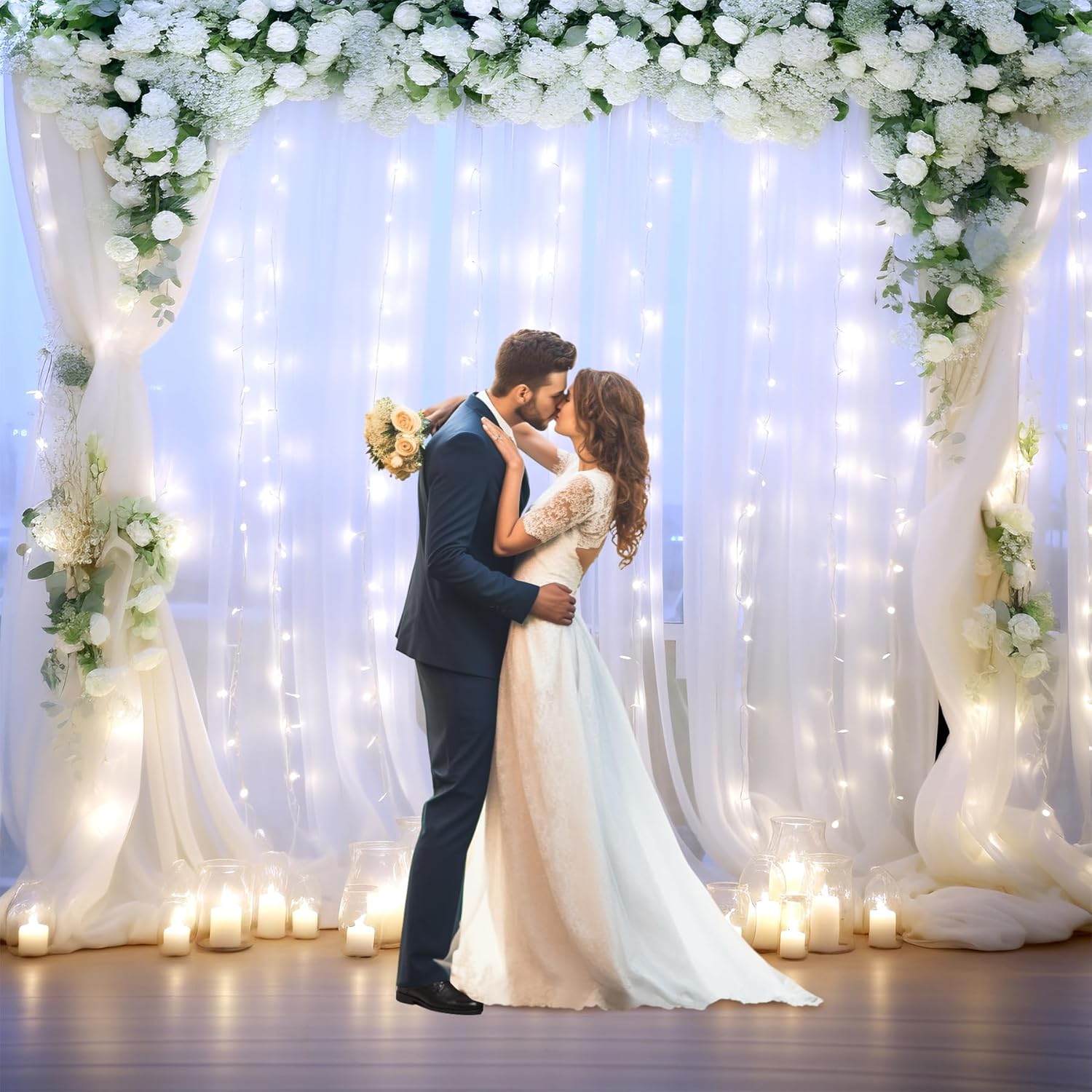 White Tulle Backdrop Curtain with Lights String for Parites 108ft Sheer Backdrop Curtains White Curtain Backdrop for Wedding Baby Shower Birthday Party Photo Shoot Decorations(2 Panels 10ft8ft)