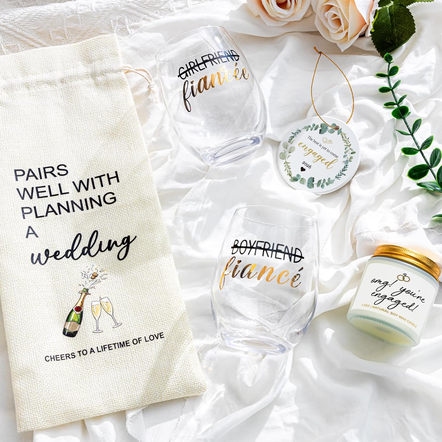 Engagement Gifts For Couples, Newly Engaged Fiance Gifts For Her Him Women Men, Future Mrs Just Enagaed Wine Glasses Bag Set With Candle And Ornament, Cool Wedding Party Decorations for Bride To Be
