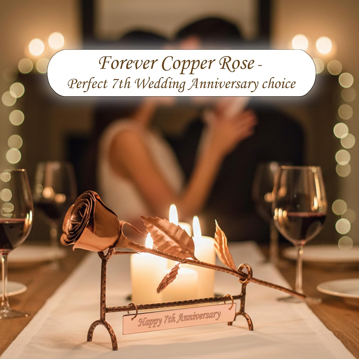 Copper Rose with Stand & Engraved Plate Happy 7th Anniversary – 7th Wedding Anniversary Decor for Wife, Him or Her – Traditional Copper Gift Keepsake