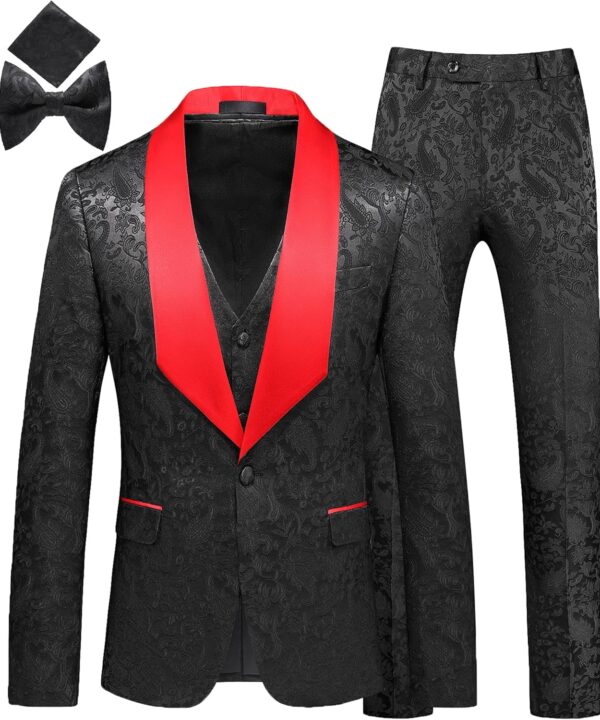 MOGU Mens 3 Piece Tuxedo Slim Fit Jacquard Floral Vintage Groomsmen Wedding Prom Suit