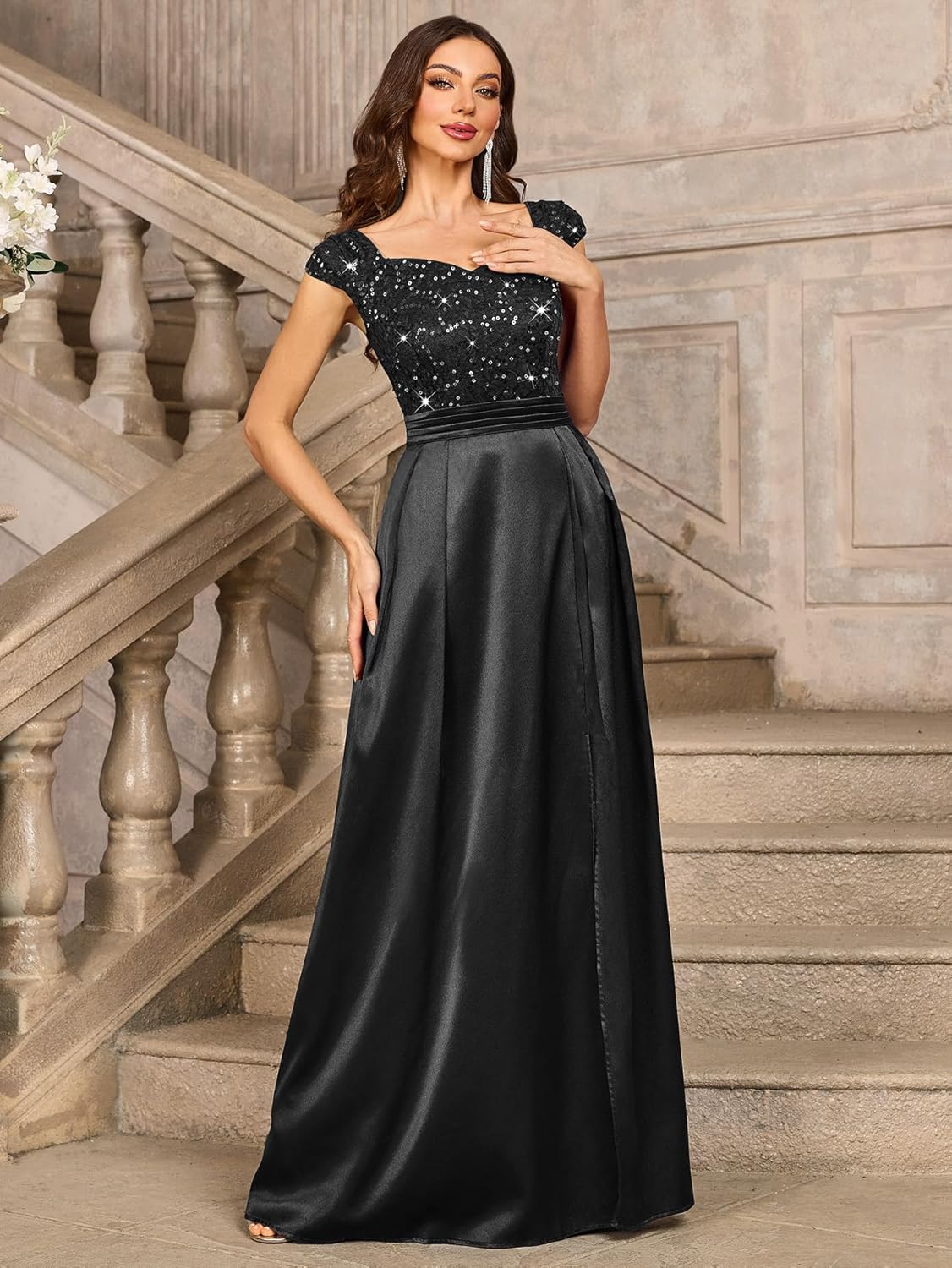 Miusol Womens Elegant V-Neck Sequin Lace Contrast Satin Split Bridesmaid Maxi Dress