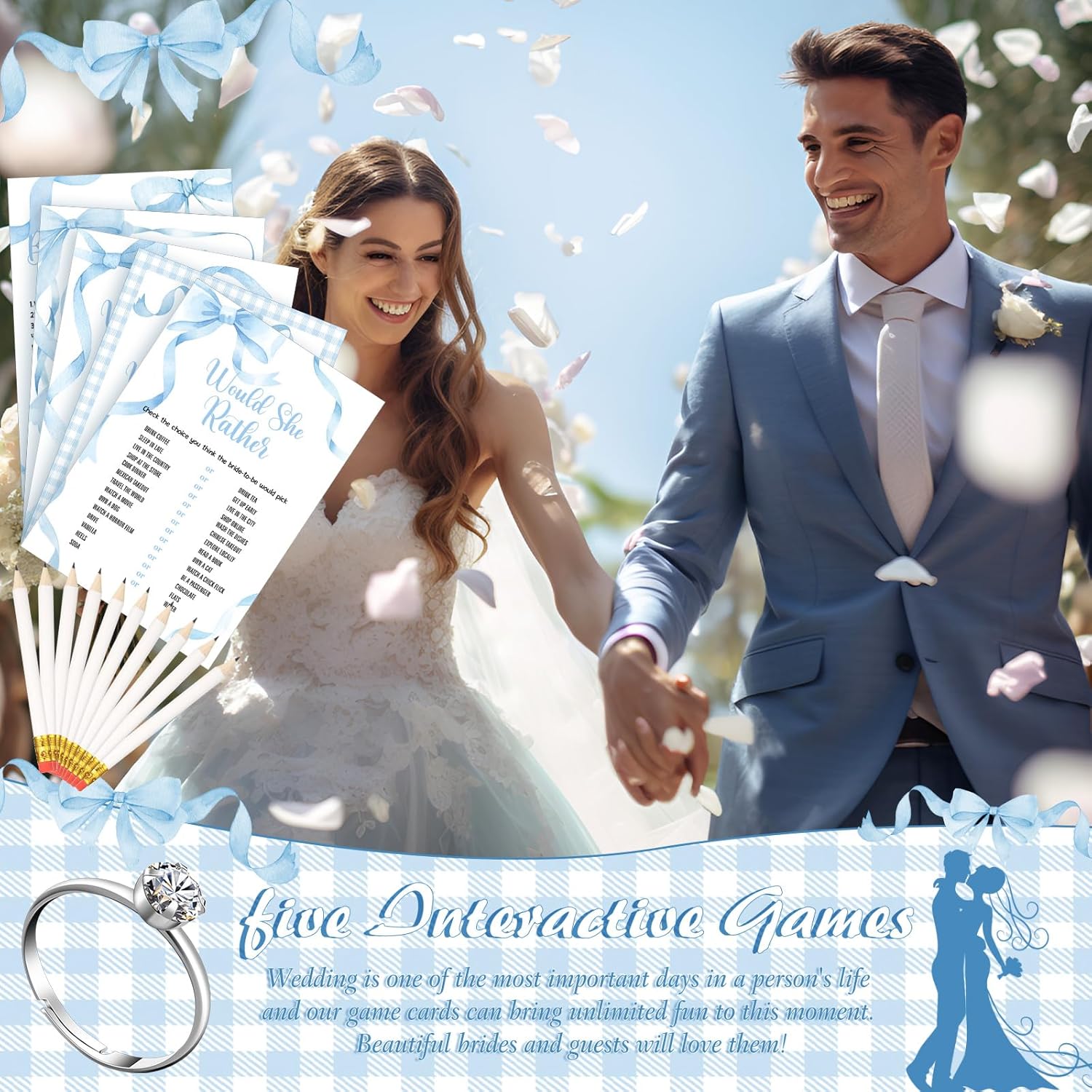 Estune 331 Pcs Bridal Shower Games Supplies, 5 Sets 250 Pcs Wedding Cards 1 Bridal Shower Games with 60 Rings and 20 Pencils (Blue Bow)