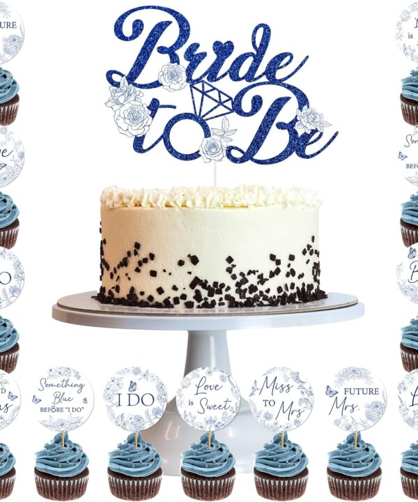 Bridal Shower Cupcake Toppers - 25 Pcs Something Blue Cake Decorations, Before I Do Bachelorette Bride To Be Engagement Wedding Party Supplies, Blue and White Floral Flower Table Decor Topper