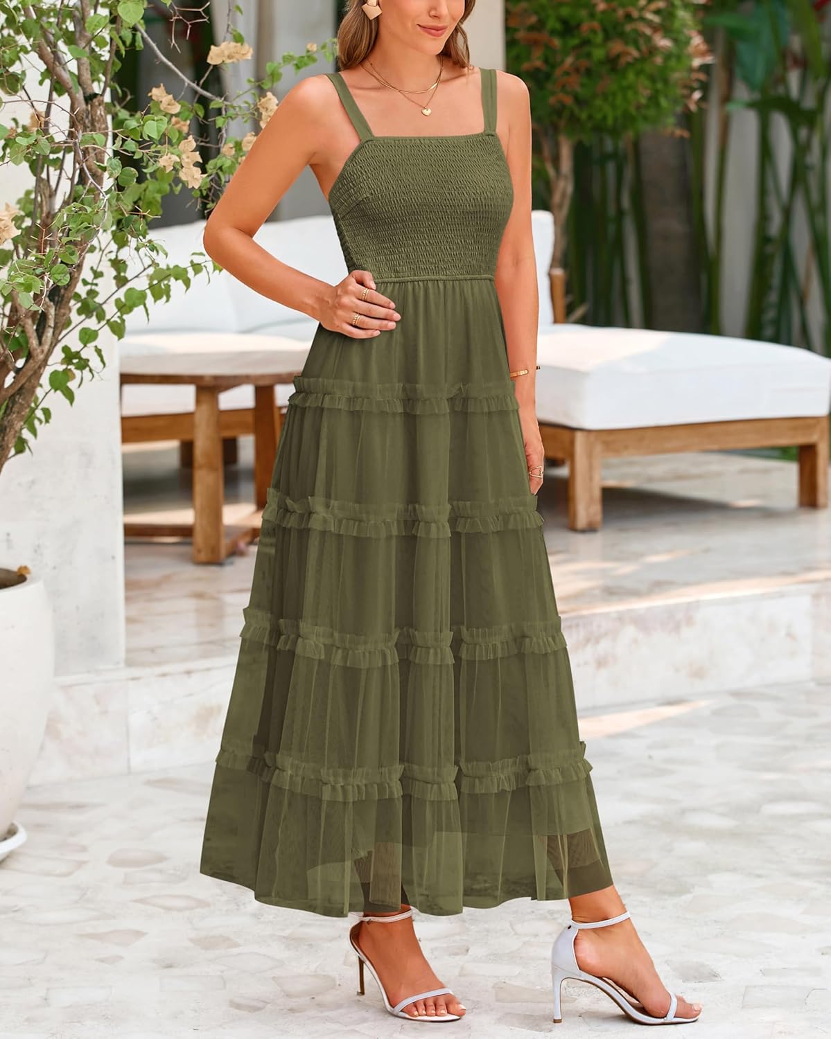 PRETTYGARDEN Womens Summer Dresses 2025 Sleeveless Smocked Tiered Ruffle Tulle A-Line Flowy Wedding Party Maxi Dress