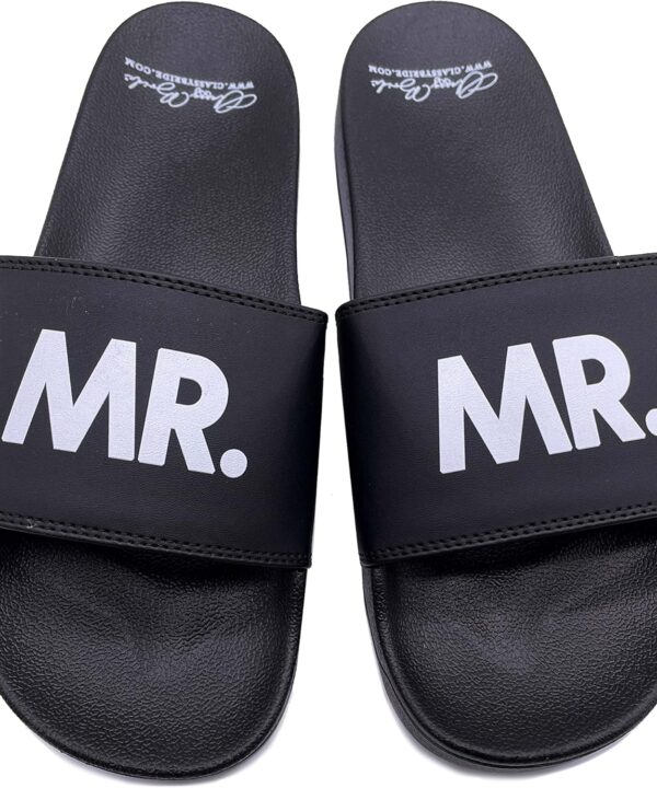 Mr. Wedding Slides - Groom Sandals - Just Married Flip Flops - Bride and Groom Slides (Black XL (12-13))