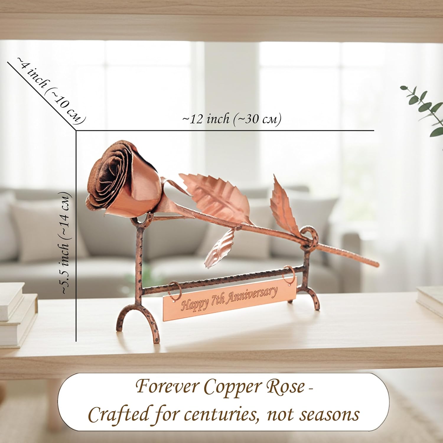 Copper Rose with Stand & Engraved Plate Happy 7th Anniversary – 7th Wedding Anniversary Decor for Wife, Him or Her – Traditional Copper Gift Keepsake
