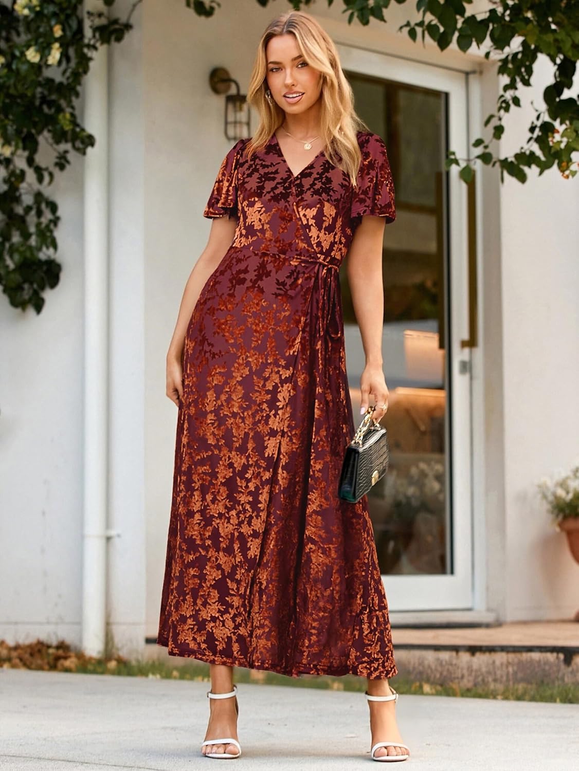 Simplee Womens Velvet Wrap Dress Short Sleeve High Split Fall Wedding Guest Dresses Long Formal Cocktail Party Dresses