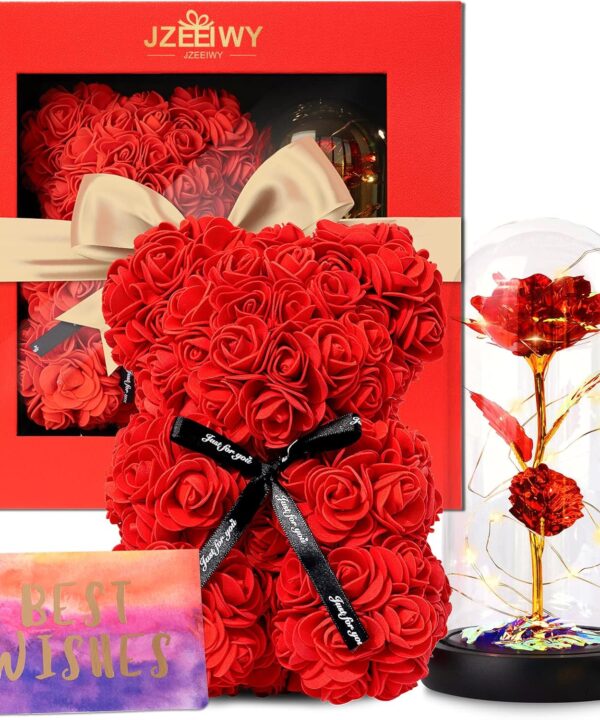 JZEEIWY Flower Rose Bear for Mom,Perfect Birthday Romantic Gift for Wife Daughter Girlfriend Friend Her,Light up Rose in Glass Dome for Birthday Anniversary Mothers Day Valentines Day