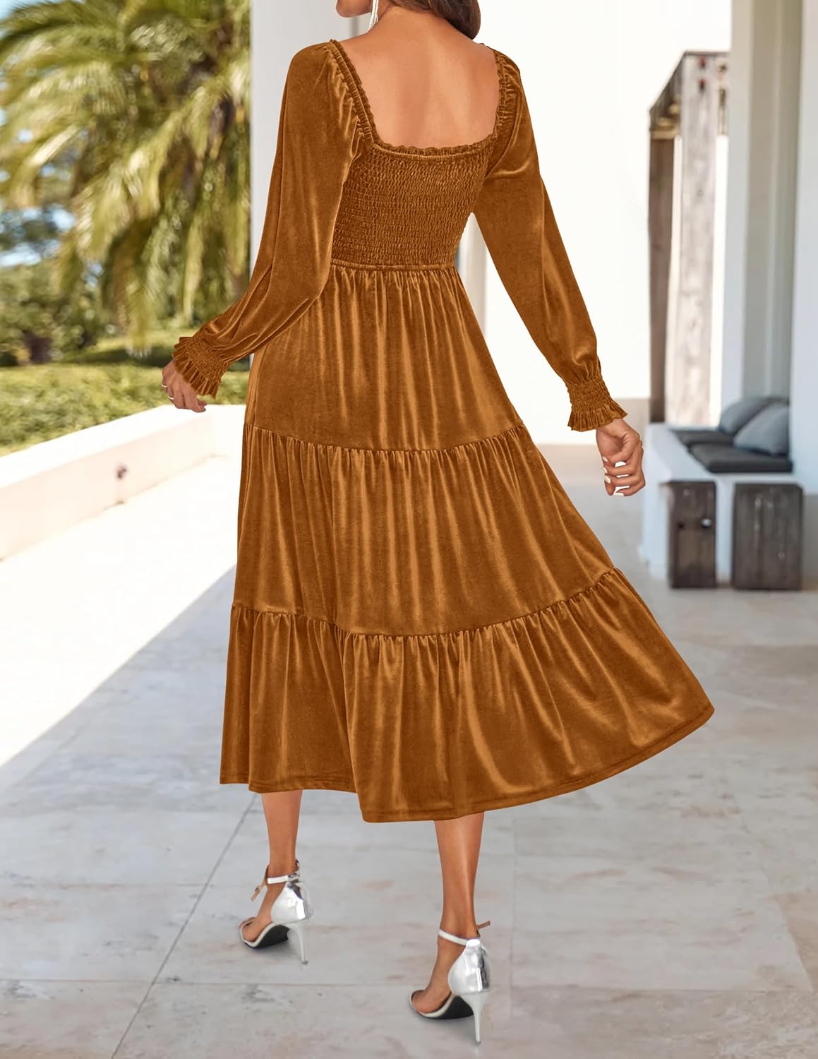 ZESICA Womens Velvet Long Sleeve Dresses 2026 Winter Square Neck Smocked Ruffle A Line Flowy Cocktail Party Midi Dress