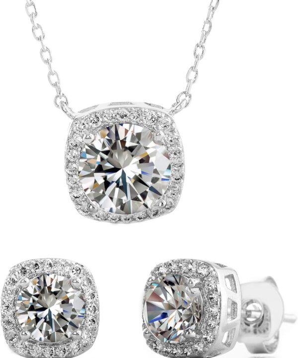 Devin Rose Stud Halo Cushion Shaped Earrings for Women and 18 Inch Necklace for Women Jewelry Set made with Faceted Crystals