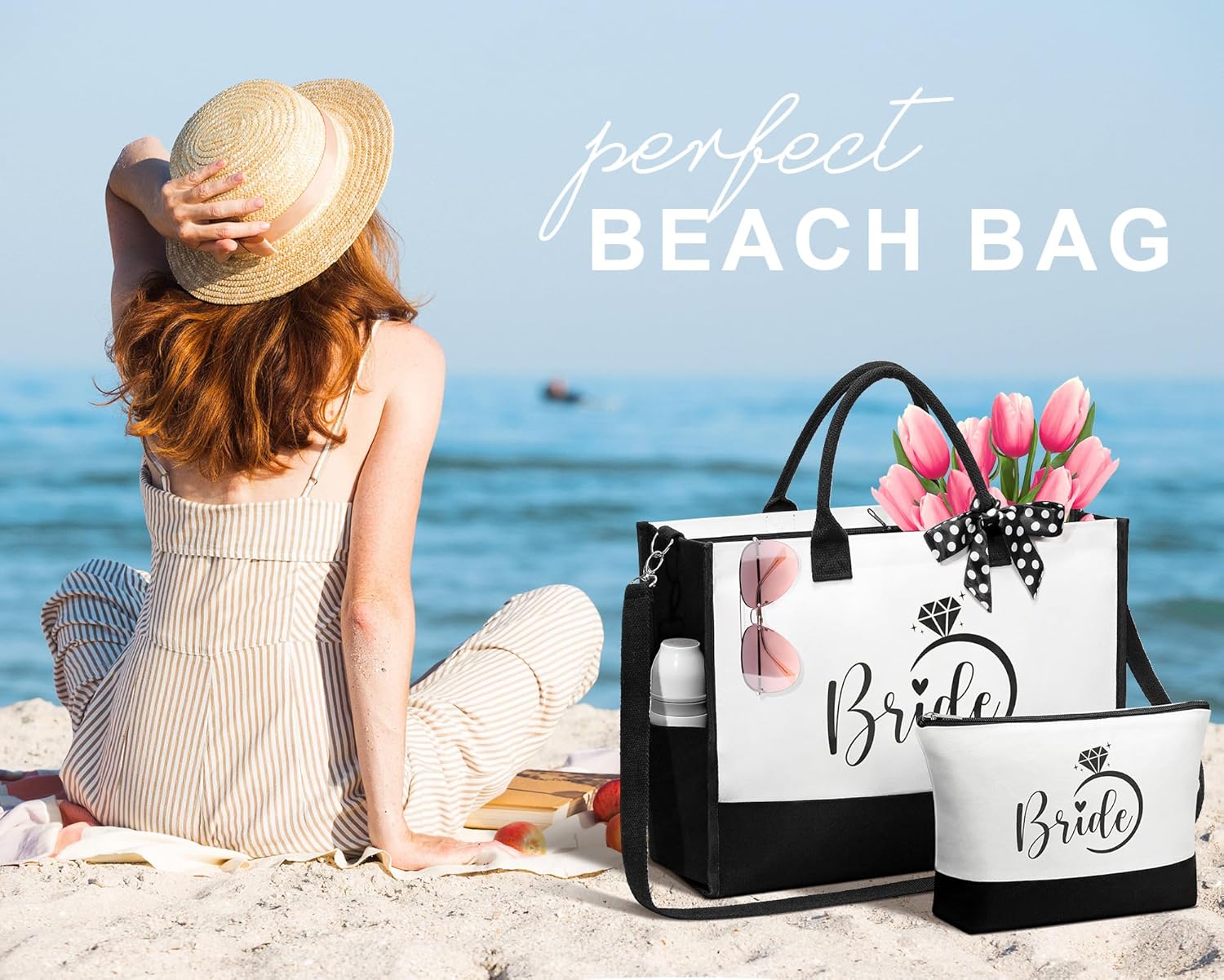 MAYICIVO Bridal Shower Gifts for Bride, Bride to Be Gifts Wedding Engagement Bachelorette Party Gift for Brides Congratulation Honeymoon Gift Set – Canvas Beach Tote Bag & Makeup Bag