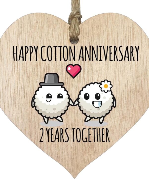 2nd Wedding Anniversary Plaque Gift for Husband Wife - 2 Years Together - Happy Cotton Anniversary Wooden Heart for Women Men Partner, Light Wood Sign Keepsake Gifts