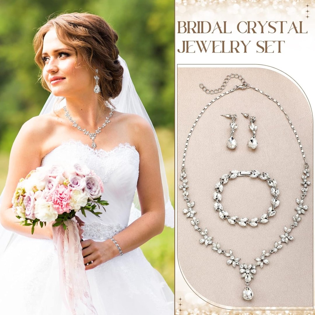 Henoyso 5 Pcs Bride Jewelry Set Rhinestone Necklace Earrings Bracelet Headpieces Sets for Wedding Bridal Party Prom Costume