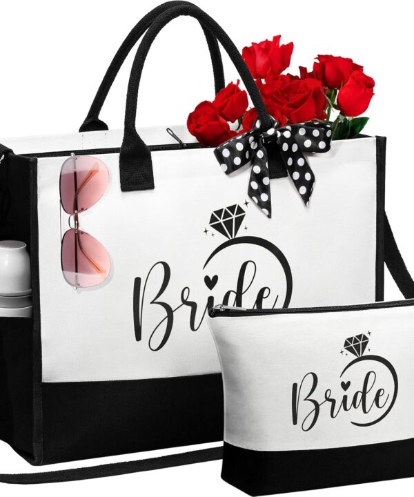 MAYICIVO Bridal Shower Gifts for Bride, Bride to Be Gifts Wedding Engagement Bachelorette Party Gift for Brides Congratulation Honeymoon Gift Set - Canvas Beach Tote Bag & Makeup Bag