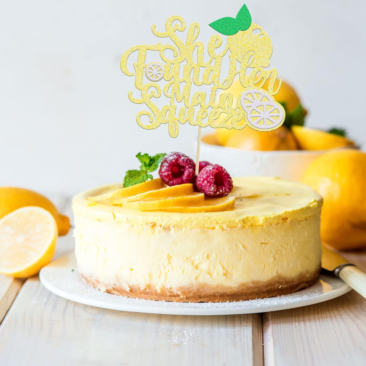 Gyufise 1Pcs She Found Her Main Squeeze Cake Topper Glitter Bridal Shower Party Cake Decorations for Lemon Theme Wedding Engagement Bachelorette Party Supplies