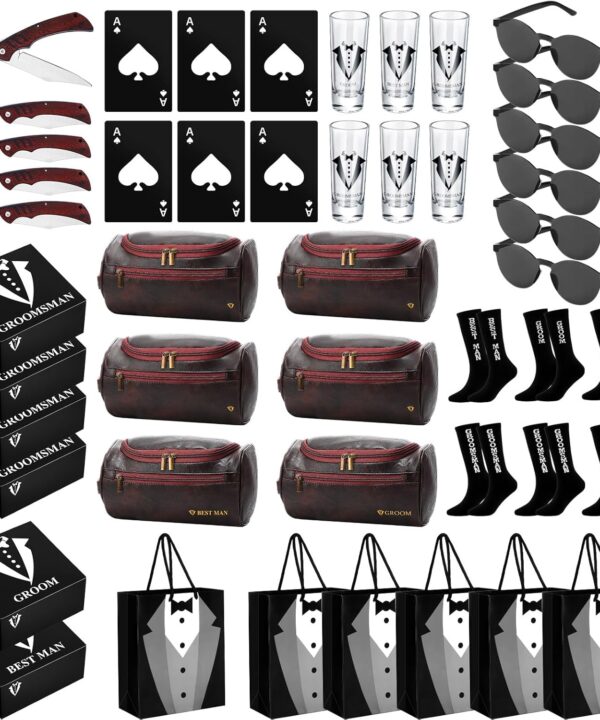 Relaxweex 48 Pcs Groomsmen Gifts Box Set of 6, Groomsman Proposal Gift with Shot Glasses Sunglasses PU Leather Toiletry Bag Bottle Opener Socks Wood Folding Knife Groomsmen Bags for Wedding Party