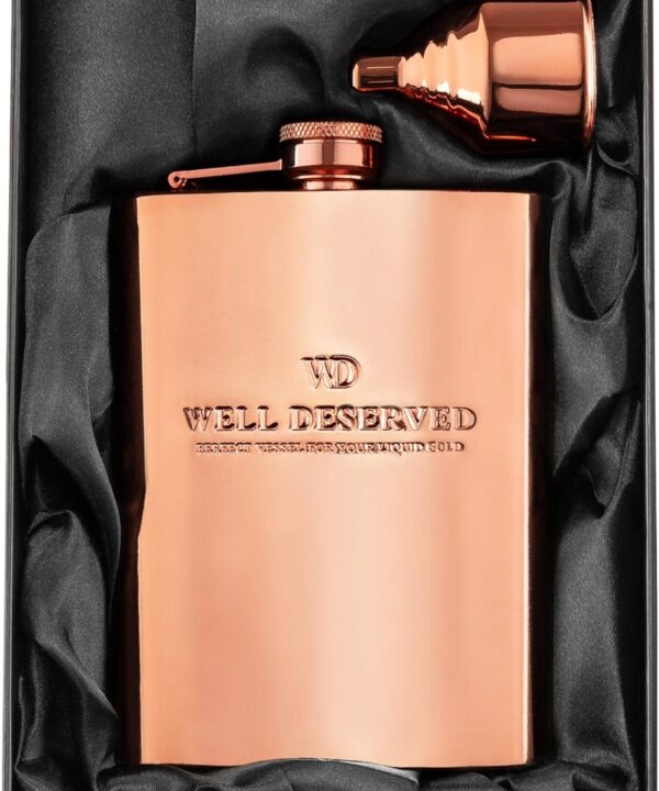 Copper Flask for Liquor for Men: 8oz Flask + Funnel + Pouch + Deluxe Gift Box Set. Copper Gifts for 7th Anniversary for Him. Men's Hip Flask. Engraved WellDeserved