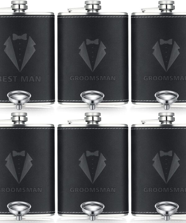 Rtteri Groomsman Gifts Set of 6 Flask for Men 8 oz Groomsman Proposal Gifts Stainless Steel Tuxedo Hip Flask Bachelor Party Favors for Wedding Proposal