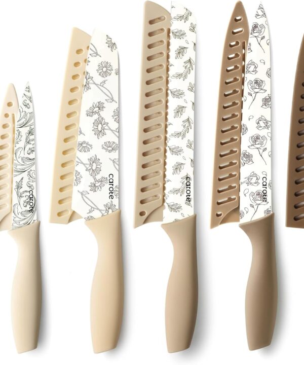 CAROTE 12PCS Knife Set, Kitchen Knife Set with 6 Blade Guards, Stainless Steel Knives Set With Nonstick Ceramic Coating, Rustproof, Delicate Floral Designs, White