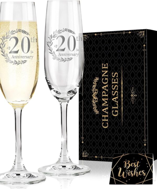 20th Wedding Anniversary Champagne Flutes Gifts, 20th Anniversary Couples Gifts for Him Her, Anniversary's Wedding Gift for Husband Wife, 20 Year Anniversary's Decorations Champagne Glasses Set of 2