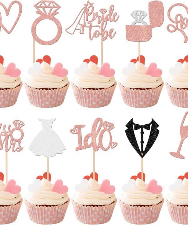 30 PCS Bride to Be Cupcake Toppers Glitter Miss to Mrs I Do Love Heart Ring Cupcake Picks Wedding Bridal Shower Cake Decorations for Wedding Engagement Bachelorette Party Supplies Rose Gold