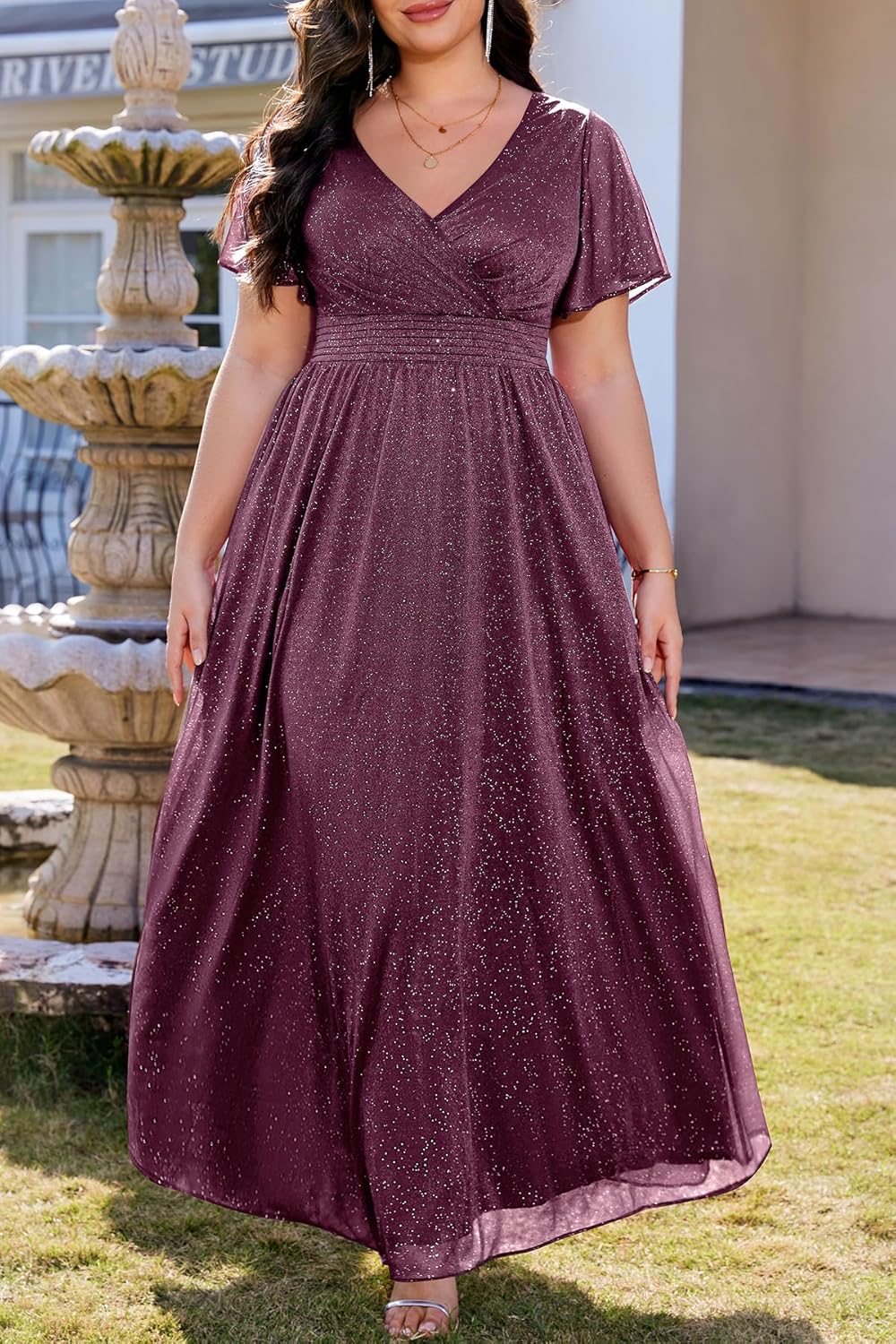 Plus Size Formal Dresses – V Neck Flutter Sleeve Glitter Prom Evening Gowns Wedding Guest Chiffon Long Maxi Dress